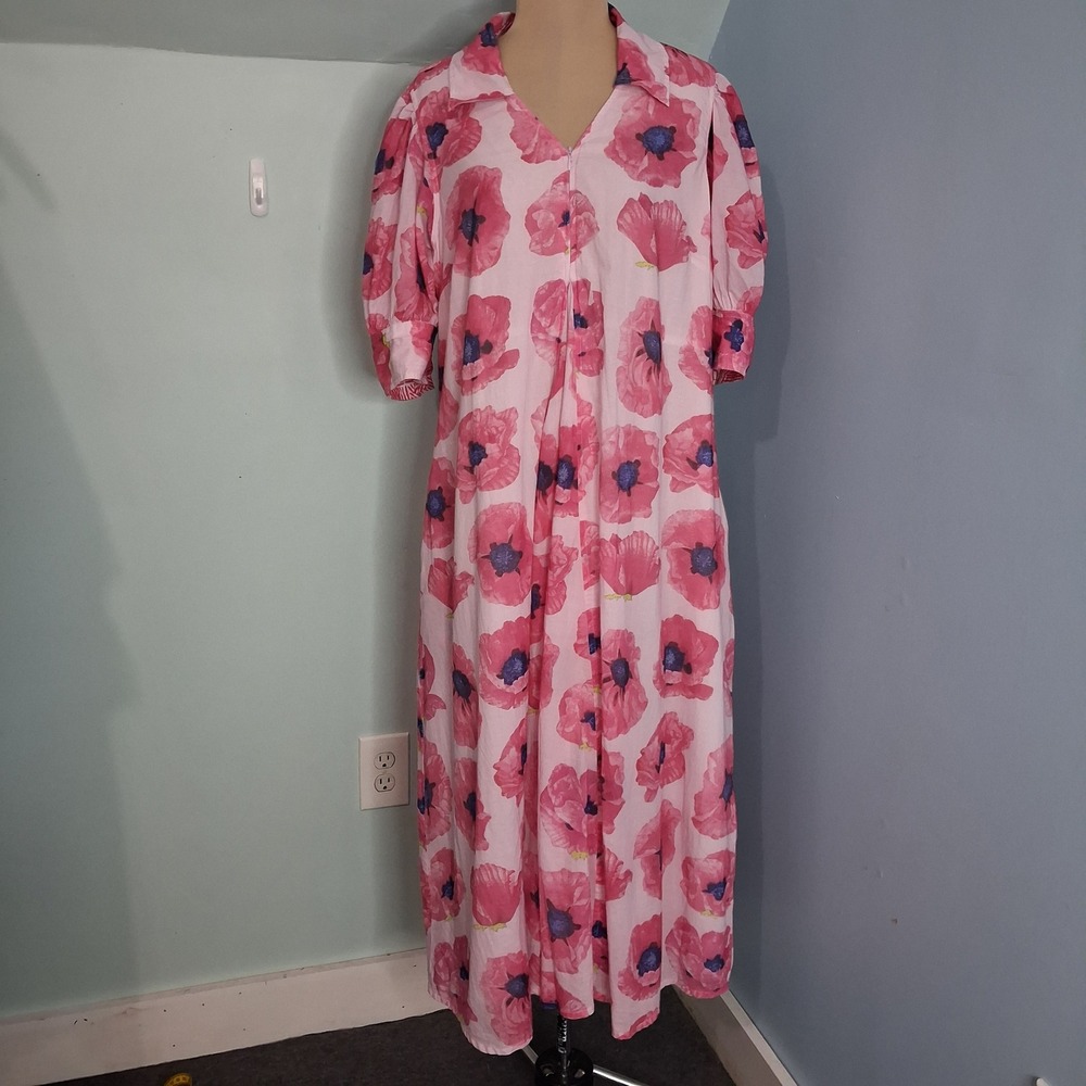 Dizzy Lizzie Pink Poppy Floral Cotton Maxi Dress Short Puff Sleeve Pockets L
